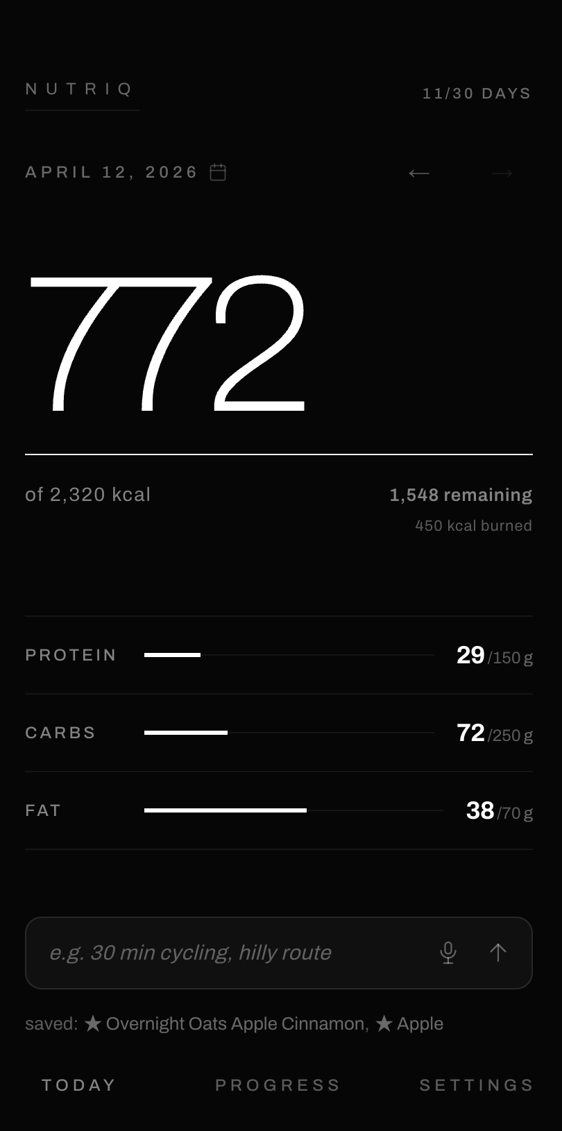Nutriq dashboard showing 772 calories consumed, macro breakdown, and the single AI input field